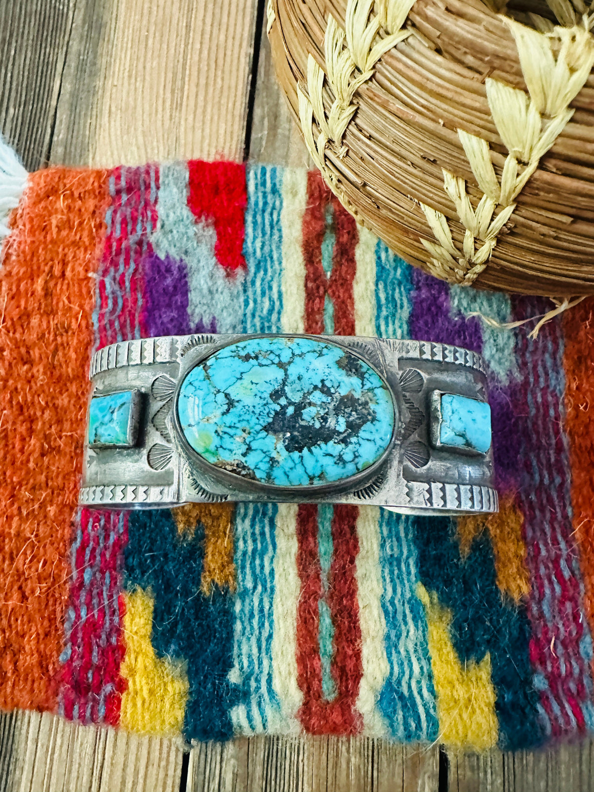 Handcrafted Old Pawn Sterling Silver & Turquoise Cuff Bracelet