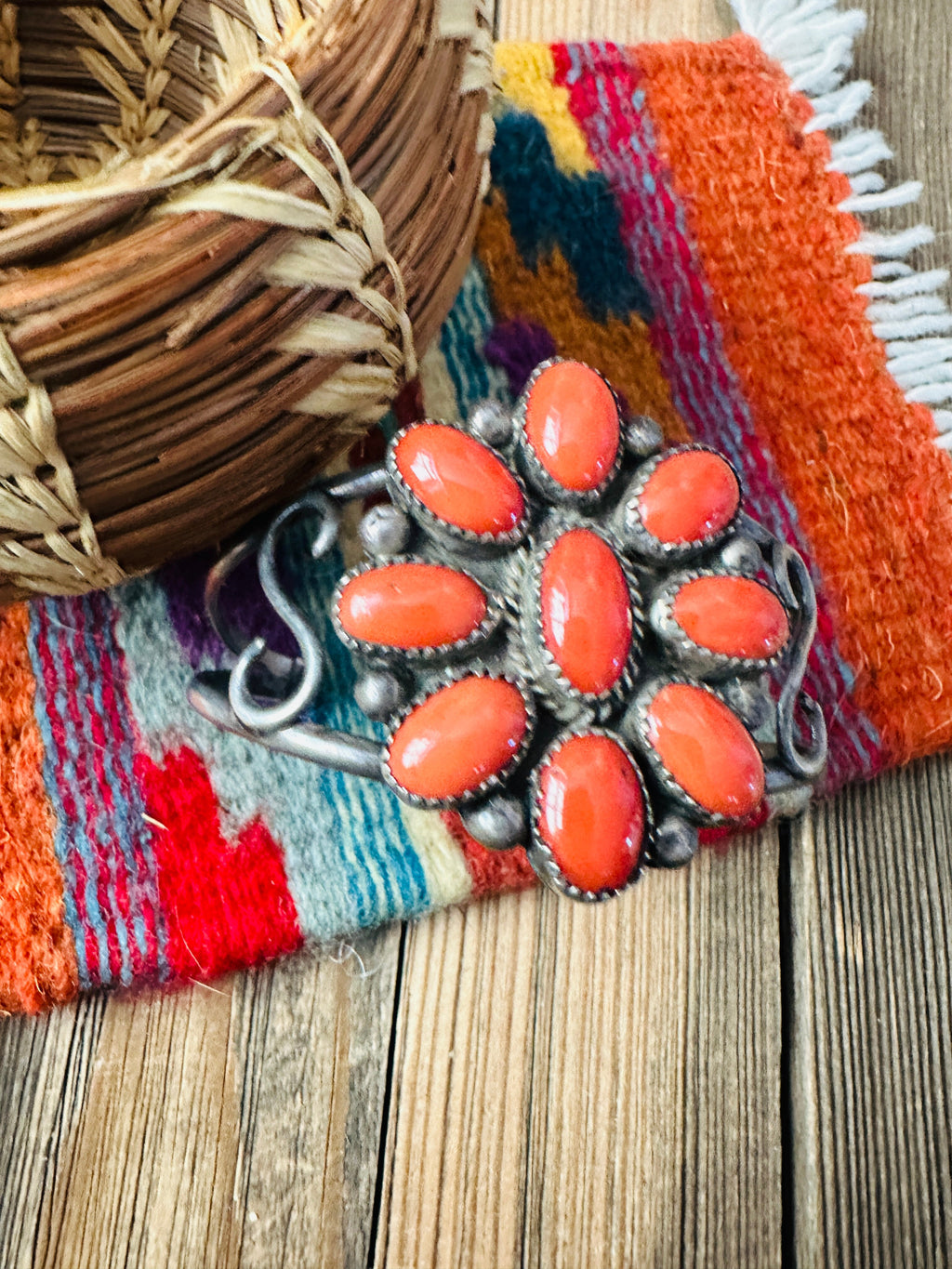 Handcrafted Old Pawn Sterling Silver & Coral Cluster Cuff Bracelet