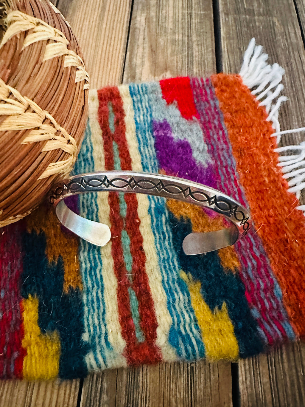 Hand Stamped Sterling Silver Cuff Bracelet by Wylie Secatero