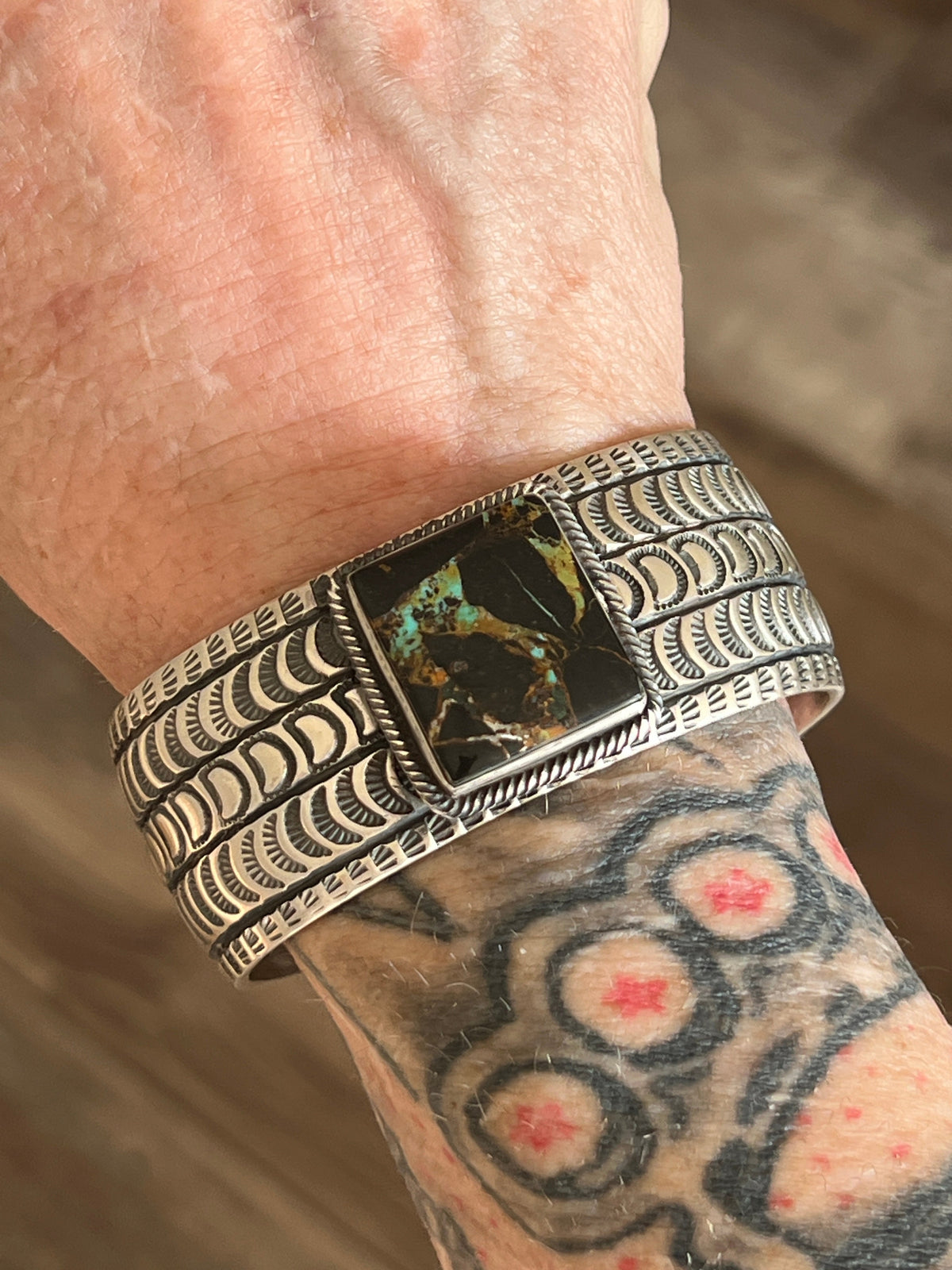 Handcrafted Sterling Silver and Blackjack Turquoise Hand Stamped Cuff Bracelet by Randy Boyd