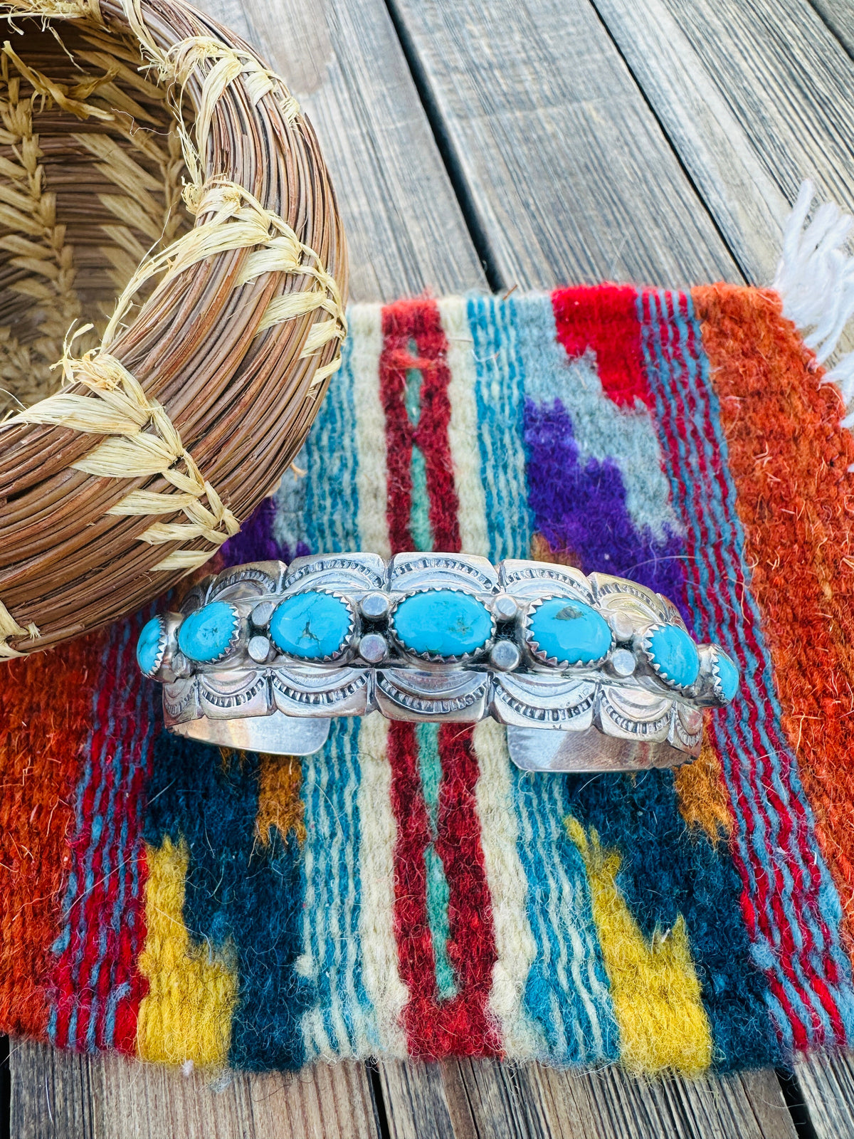 Handcrafted Old Pawn Sterling Silver & Turquoise Cuff Bracelet