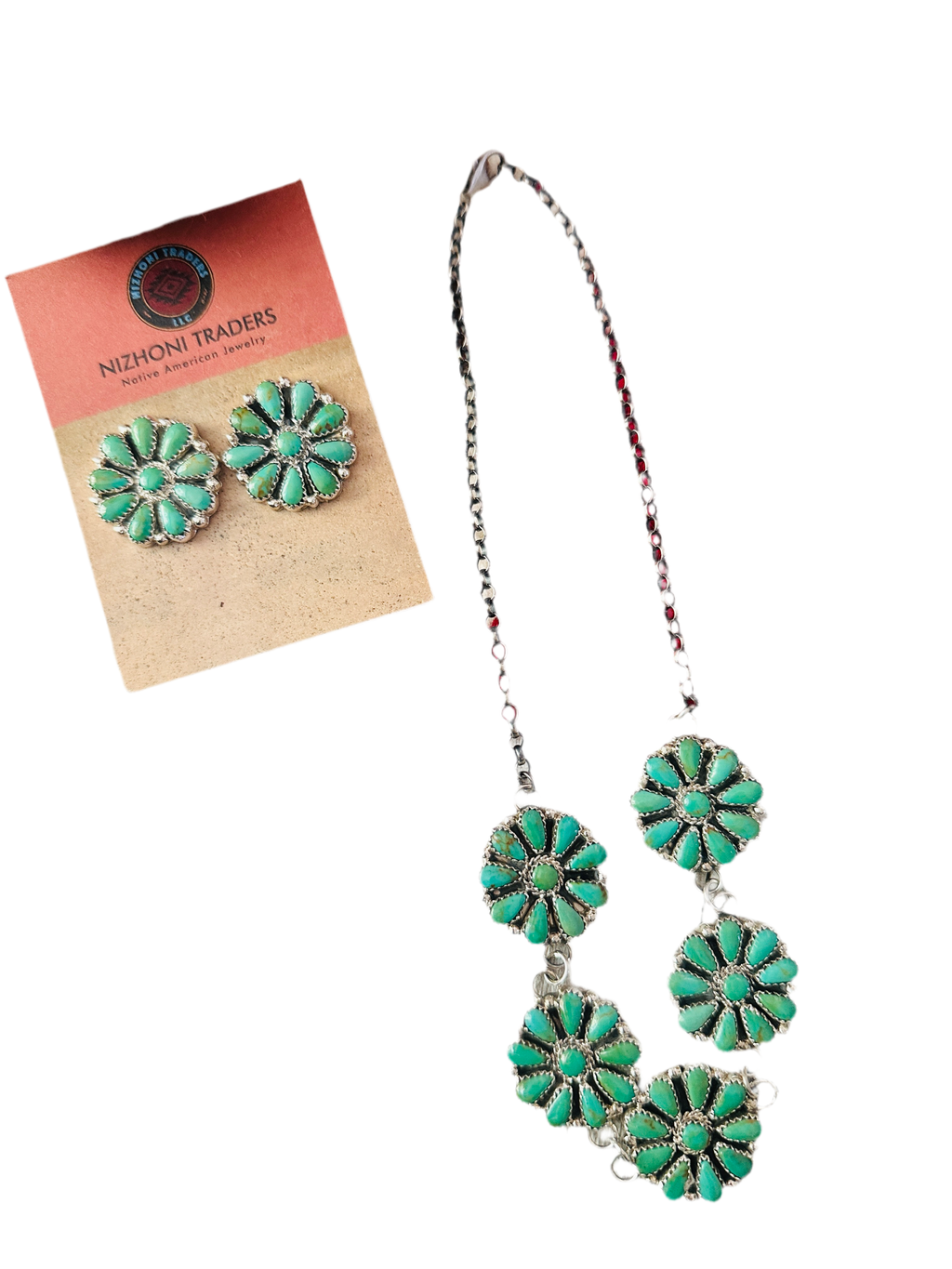 Handcrafted Sterling Silver & Turquoise Cluster Necklace and Earring Set
