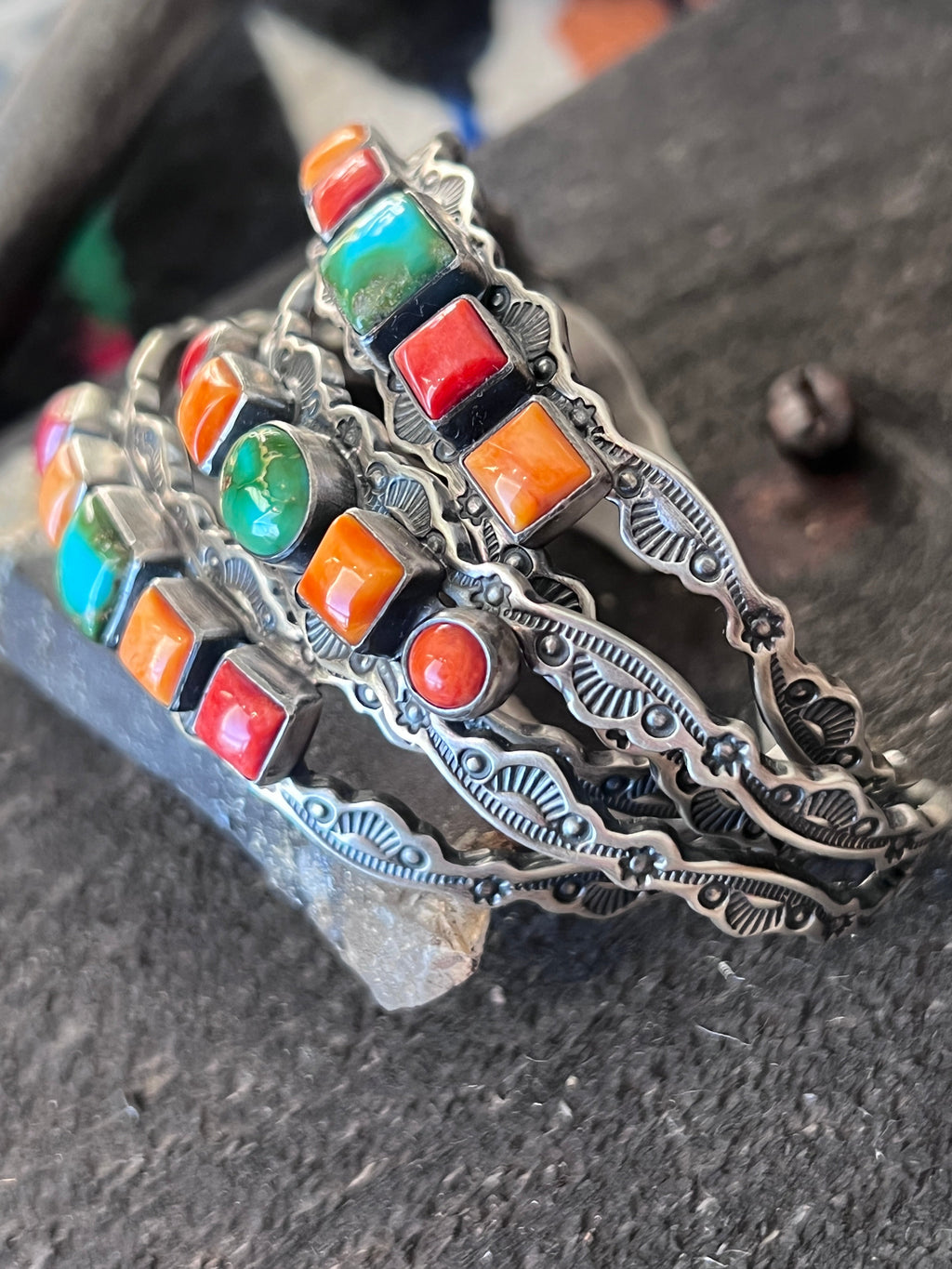 Handcrafted Electric Rainbow Sterling Silver, Sonoran Mountain Turquoise and Spiny Oyster Stacker Cuff Bracelets by Raymond Coriz
