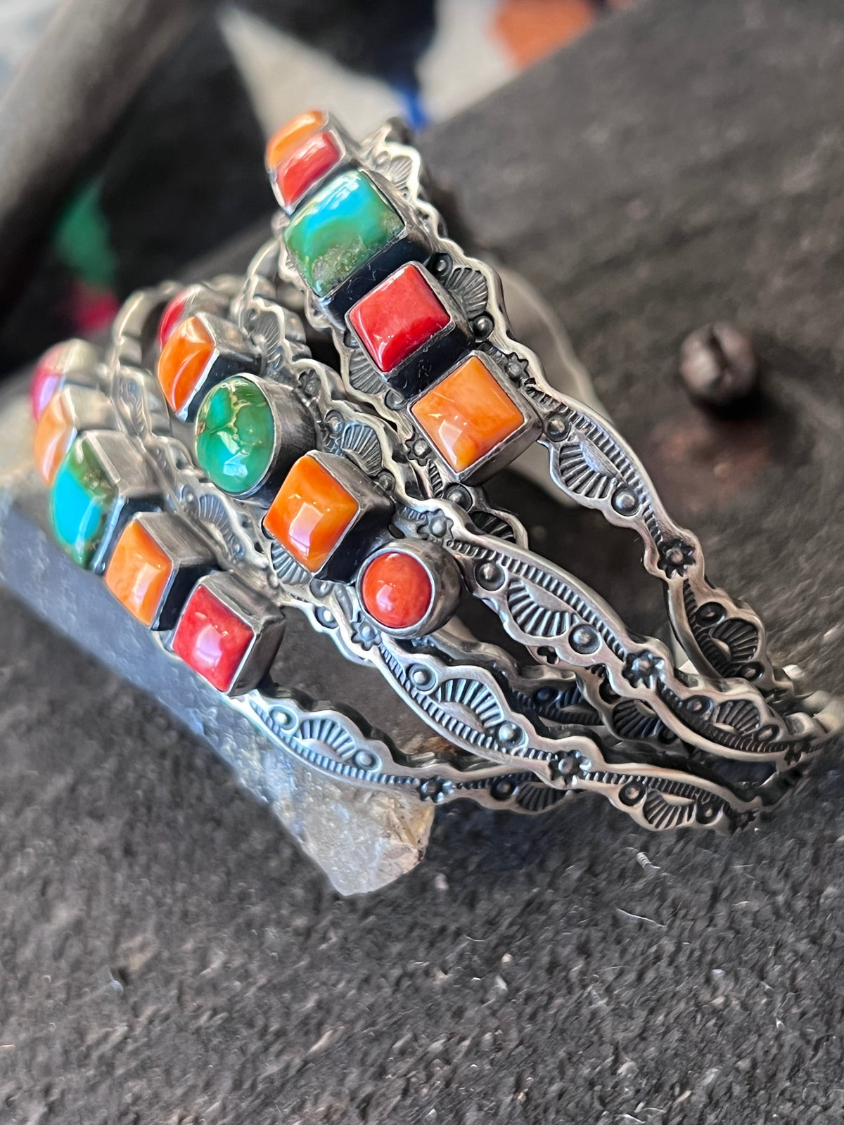 Handcrafted Electric Rainbow Sterling Silver, Sonoran Mountain Turquoise and Spiny Oyster Stacker Cuff Bracelets by Raymond Coriz