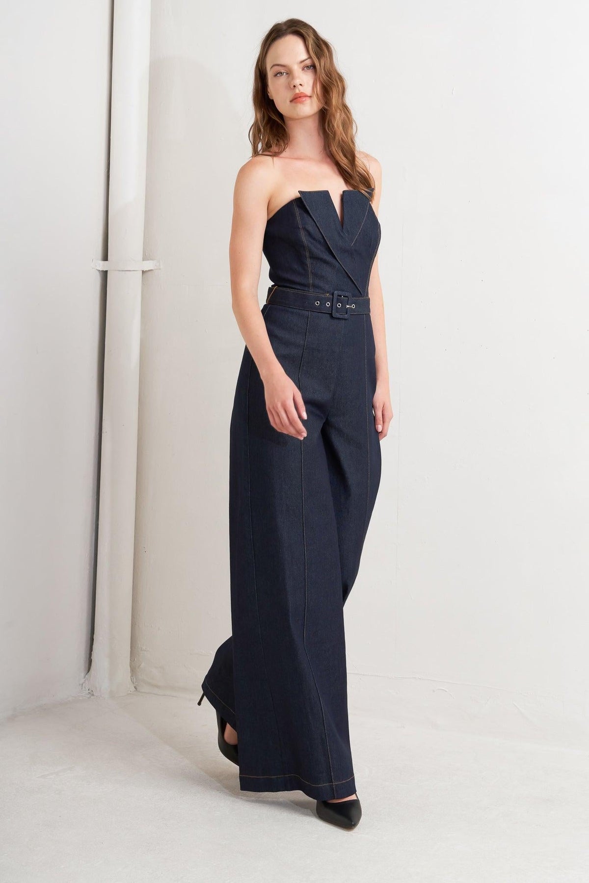 LE BONHEUR V CUT VOW DENIM JUMPSUIT