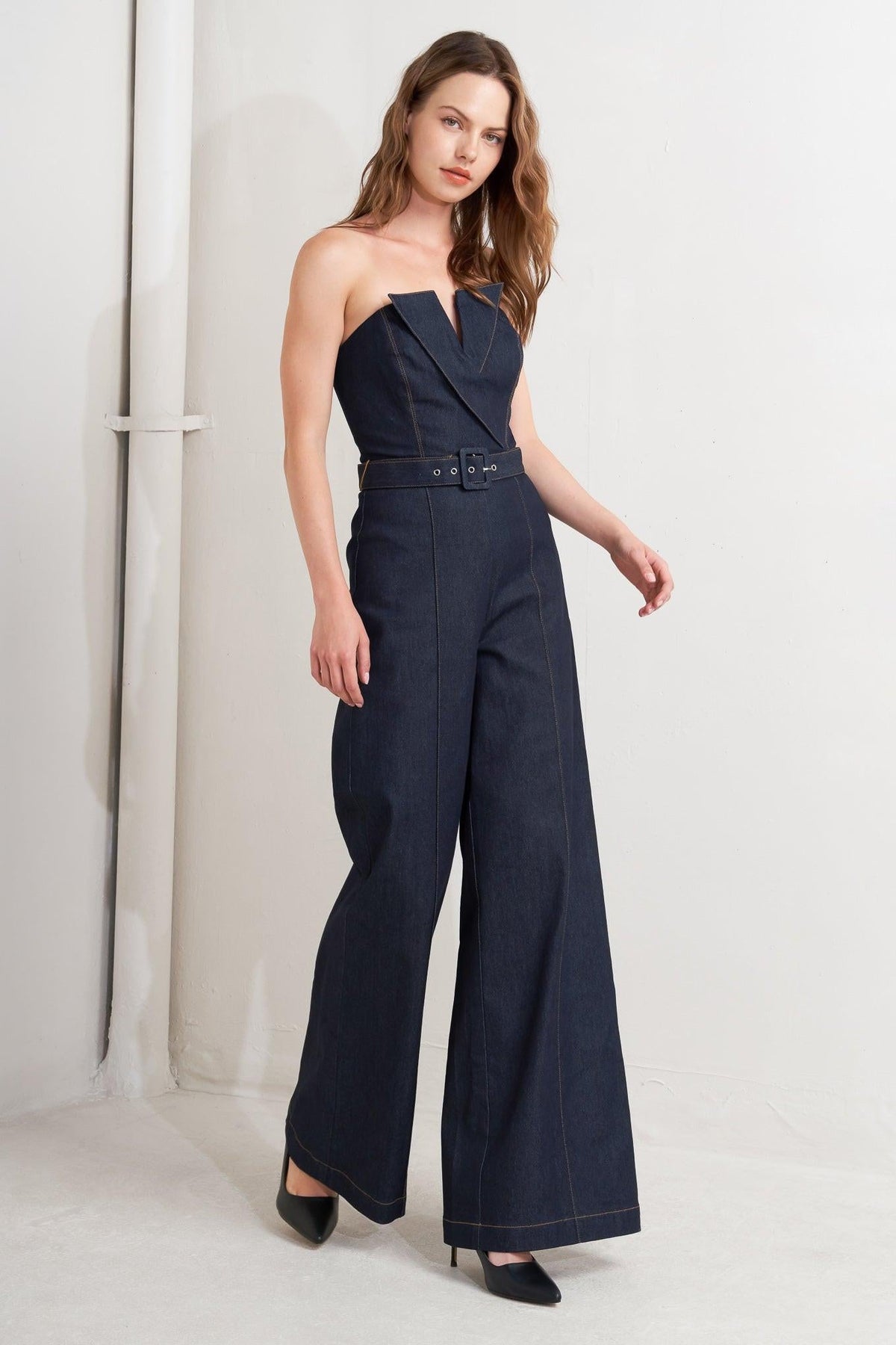 LE BONHEUR V CUT VOW DENIM JUMPSUIT