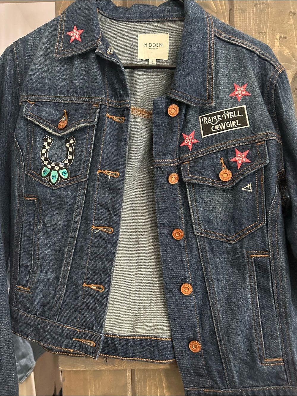 NWOT Hidden Jeans Women's Dark Blue Embellished Denim Jacket - Star & Cowgirl Patch