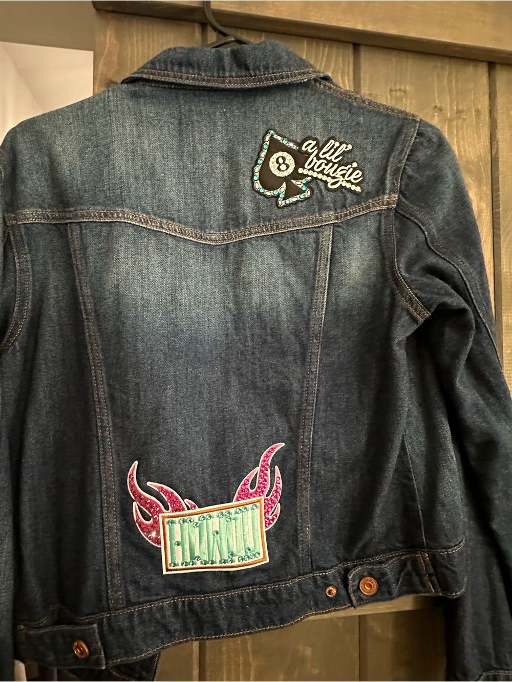 NWOT Hidden Jeans Women's Dark Blue Embellished Denim Jacket - Star & Cowgirl Patch