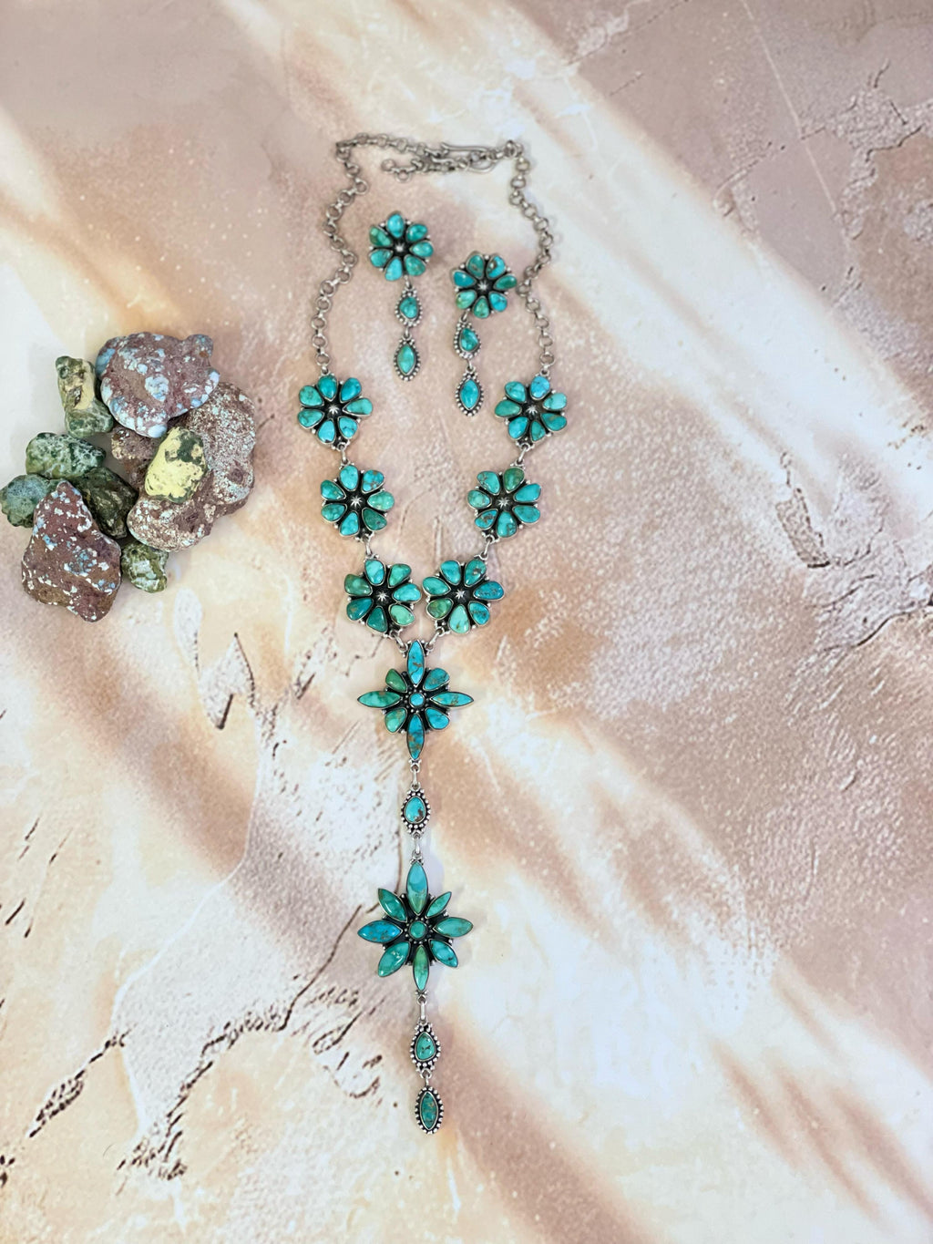 Handmade Sterling Silver Emerald Valley Turquoise Necklace Earring Set with Signed Nizhoni