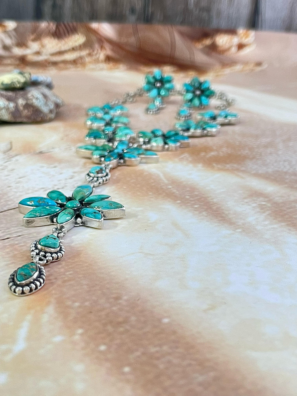 Handmade Sterling Silver Emerald Valley Turquoise Necklace Earring Set with Signed Nizhoni