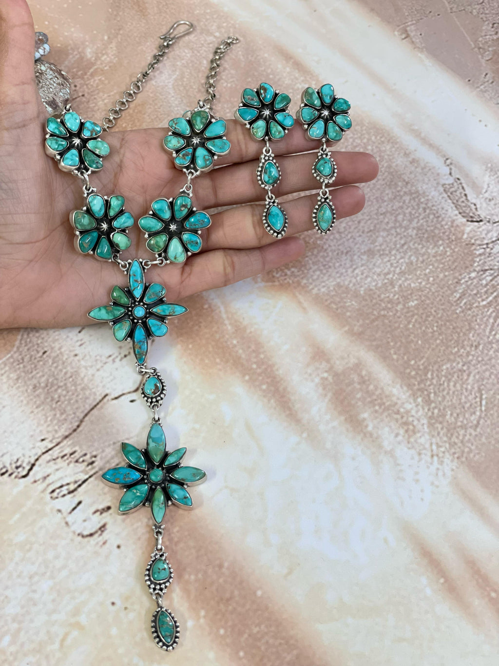 Handmade Sterling Silver Emerald Valley Turquoise Necklace Earring Set with Signed Nizhoni