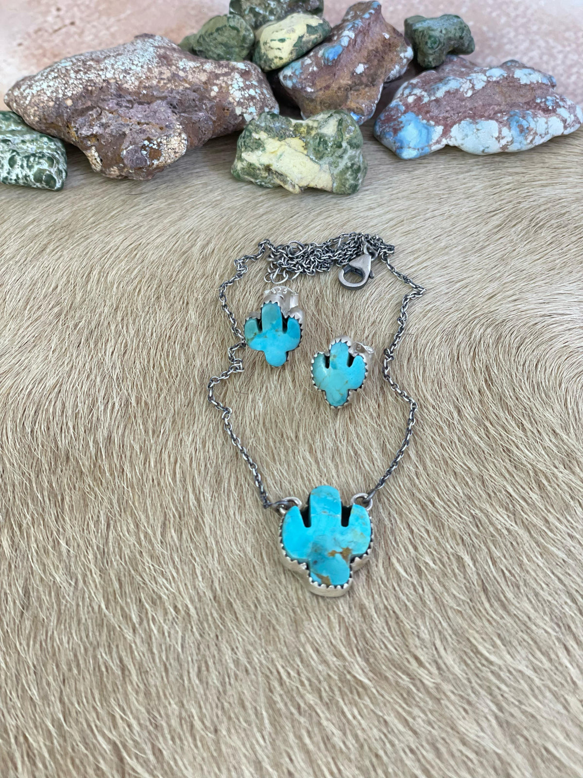 Handmade Sterling Silver Kingman Necklace Earring Set with Signed Nizhoni