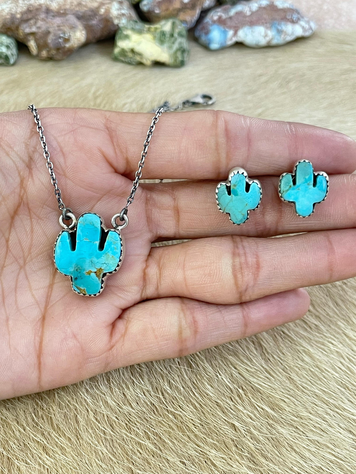 Handmade Sterling Silver Kingman Necklace Earring Set with Signed Nizhoni