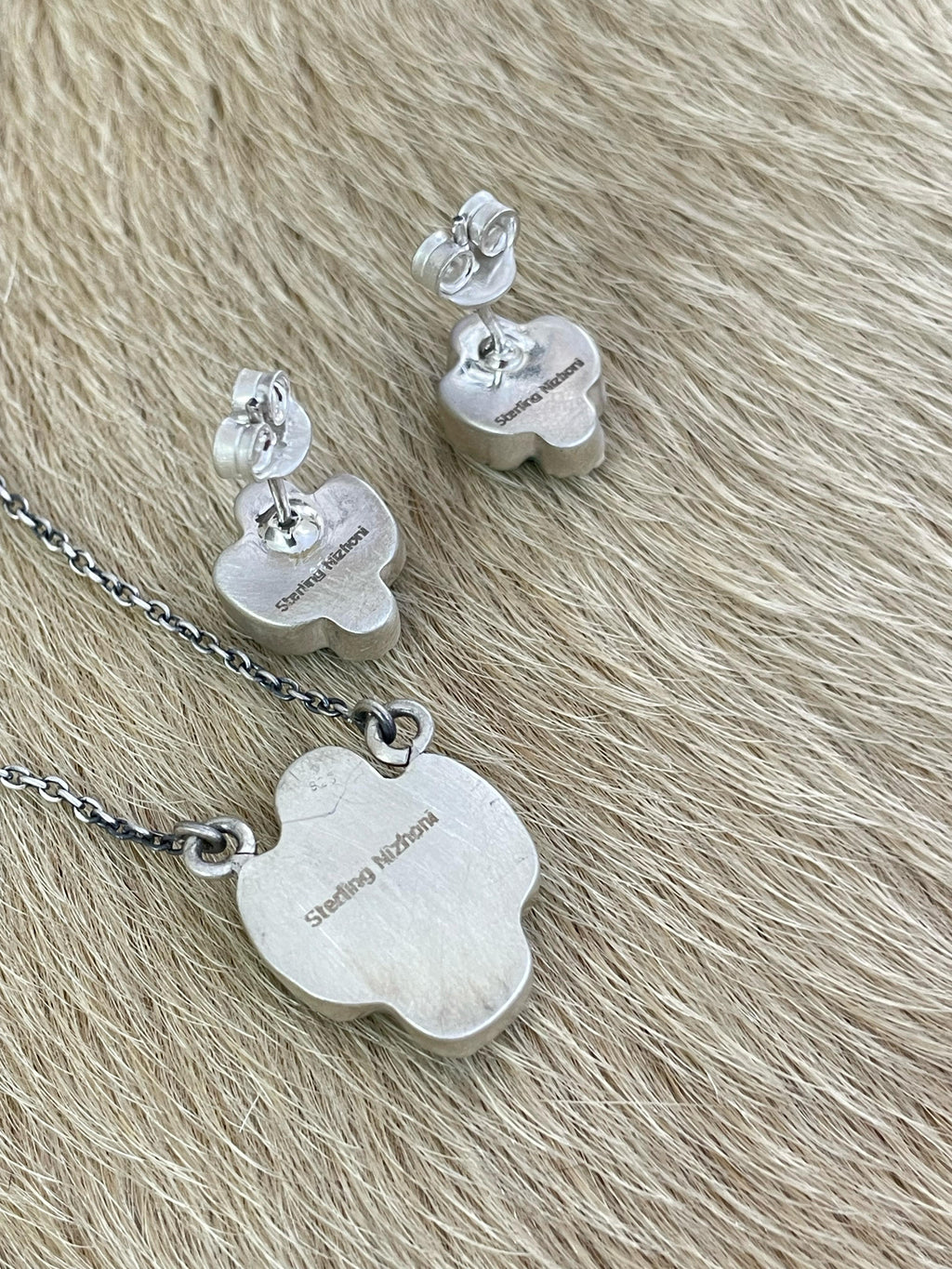 Handmade Sterling Silver Kingman Necklace Earring Set with Signed Nizhoni