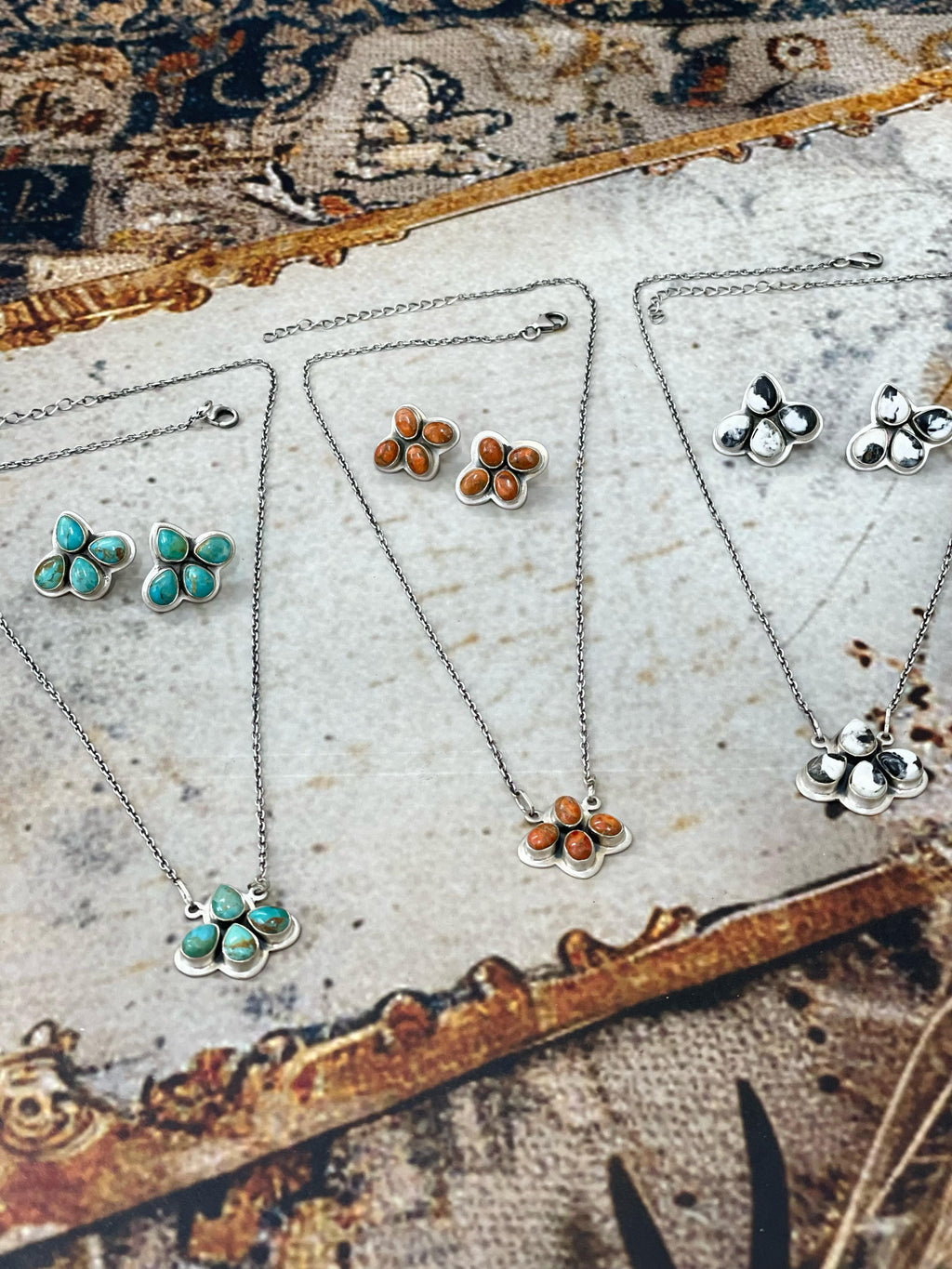 Handmade Sterling Silver White Buffalo, Orange Mojave, Kingman Turquoise Pear Necklace Post Earring Set with Signed Nizhoni