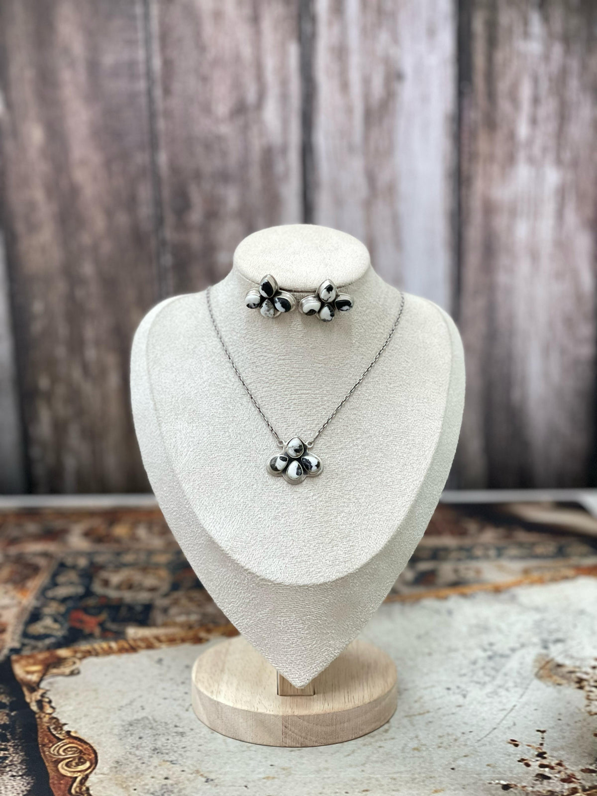 Handmade Sterling Silver White Buffalo, Orange Mojave, Kingman Turquoise Pear Necklace Post Earring Set with Signed Nizhoni