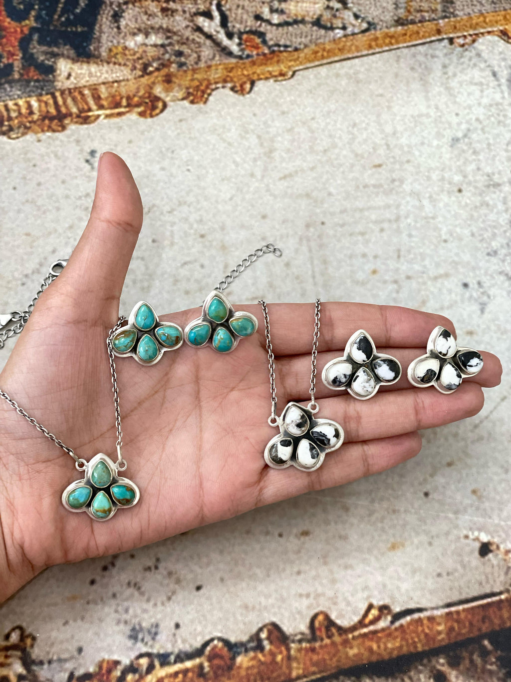 Handmade Sterling Silver White Buffalo, Orange Mojave, Kingman Turquoise Pear Necklace Post Earring Set with Signed Nizhoni