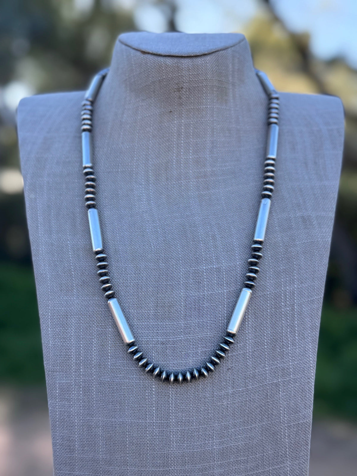 Handcrafted Sterling Silver Barrel & Saucer Beaded Necklace 24"