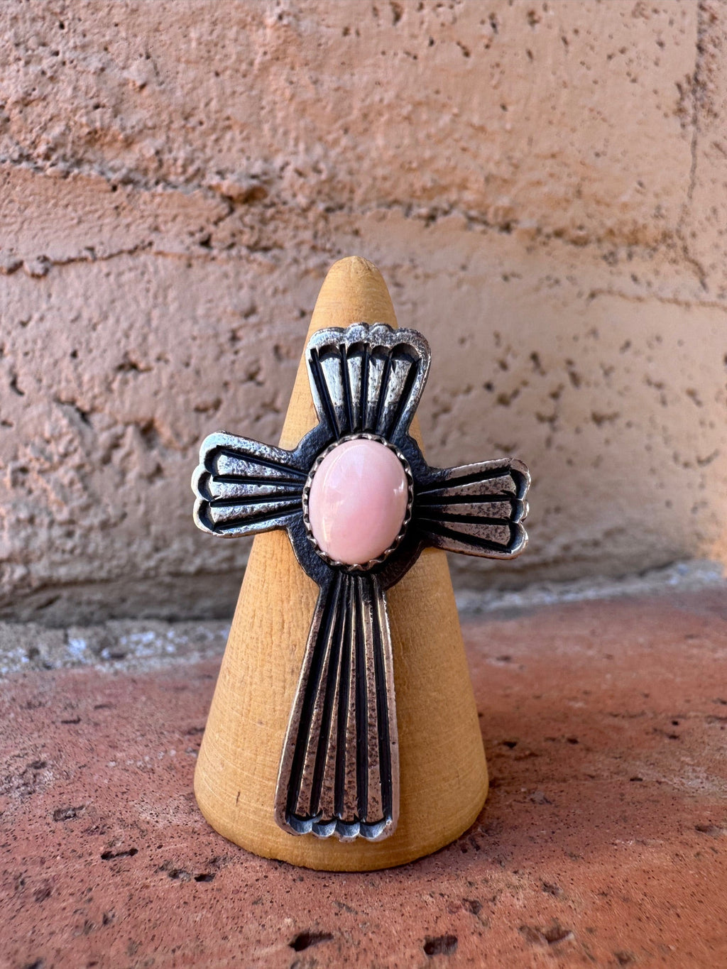 Handcrafted Queen Pink Conch & Sterling Silver Adjustable Cross Ring by Kevin Billah