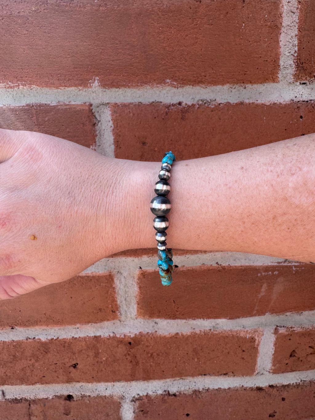Handcrafted Kingman Turquoise & Sterling Silver Pearl 5-10mm Beaded Bracelet 8"