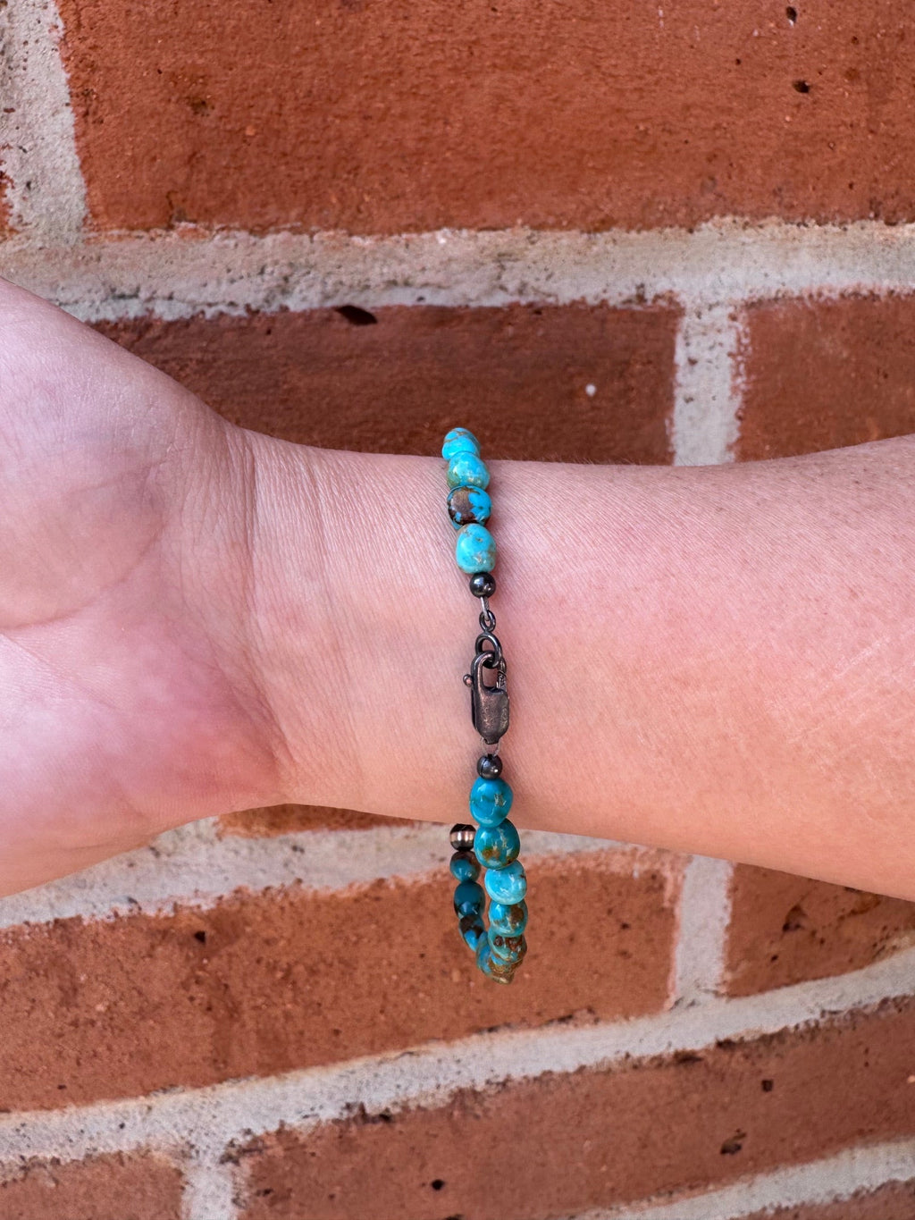 Handcrafted Kingman Turquoise & Sterling Silver Pearl 5-10mm Beaded Bracelet 8"
