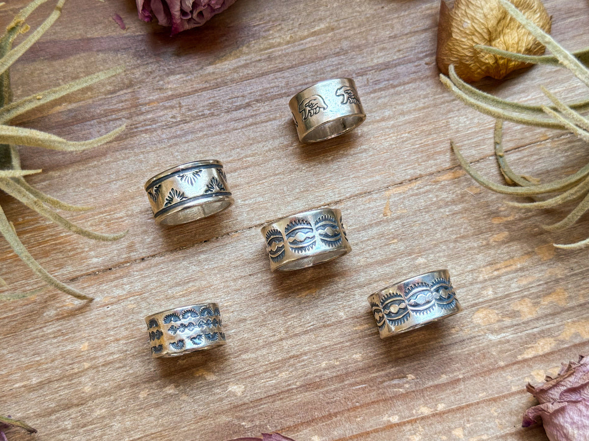 Sterling Silver Hand-Milled Wide Band Fancy Sun Ray Stamped Ring – Size 9 – Handmade by Artist Jason
