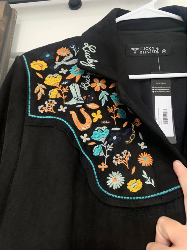 NWT Lucky & Blessed Black Jacket with Colorful Embroidery