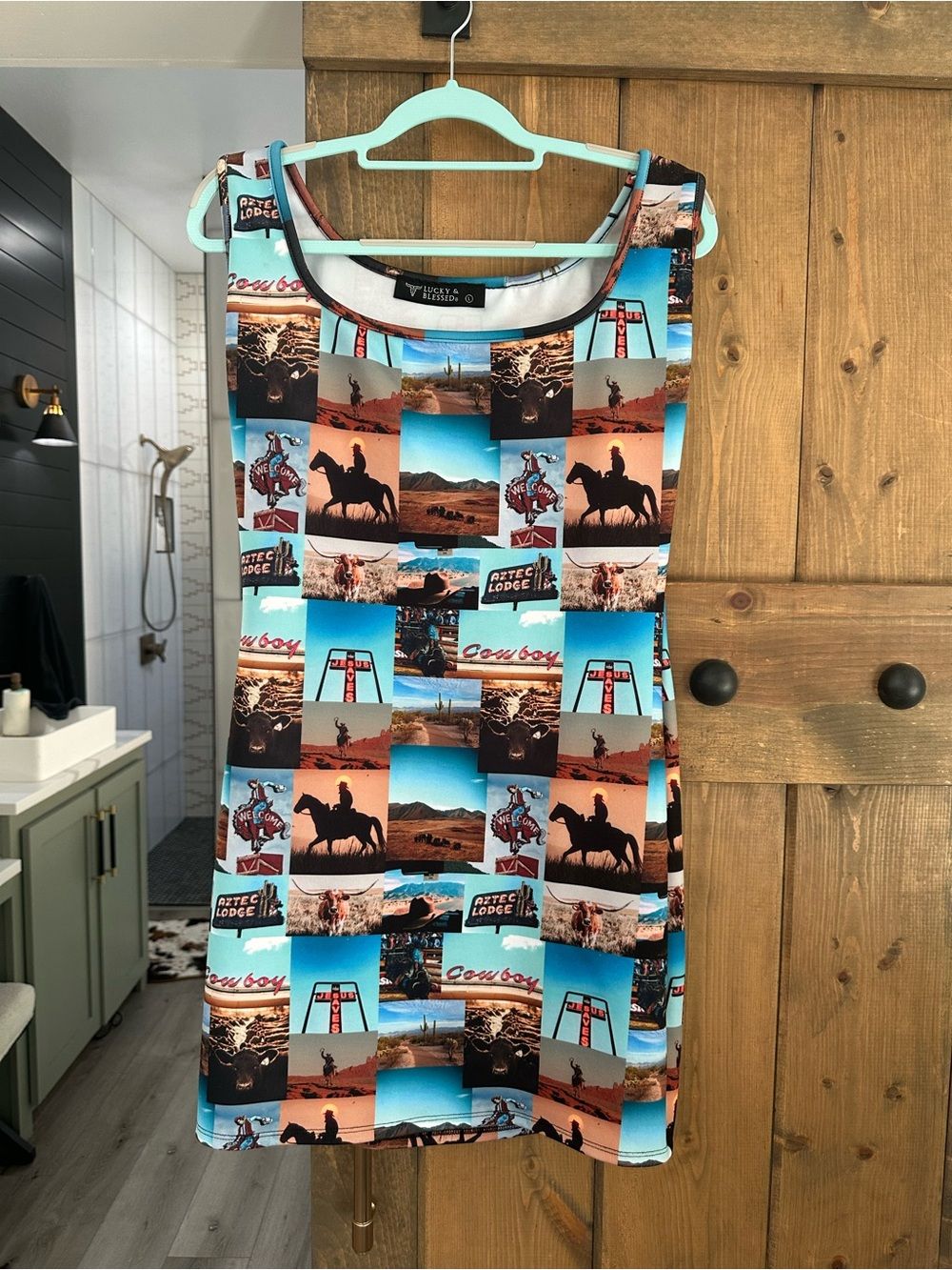 Lucky & Blessed Turquoise, Brown & Black Western Photo-Print Mini Dress