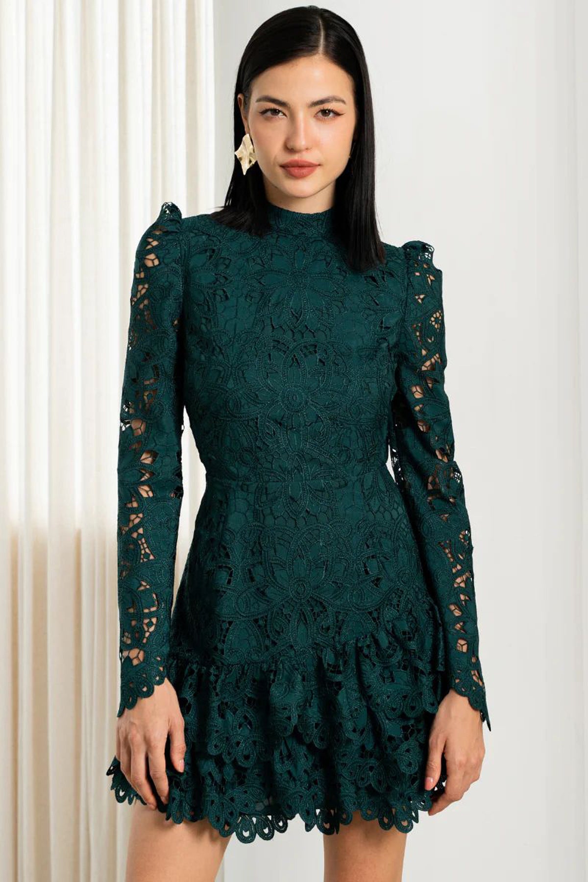Stand Collar Long Sleeve Embroidered Floral Mesh Short Dress Hollow Out Cutout Three Dimensional Floral Lace Dress