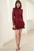 Stand Collar Long Sleeve Embroidered Floral Mesh Short Dress Hollow Out Cutout Three Dimensional Floral Lace Dress
