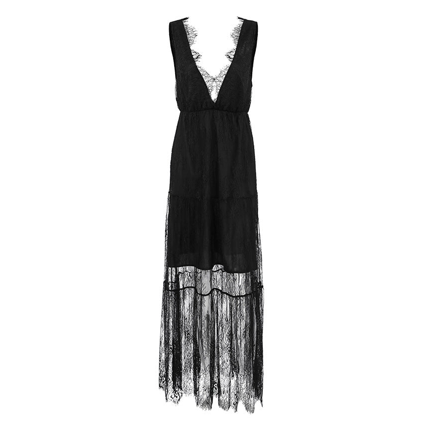 Sexy Black Brocade Lace Dress All Matching Sexy V-neck Loose Backless Women Dress
