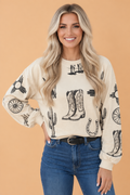 Western Graphic Print Long Sleeve Loose Top