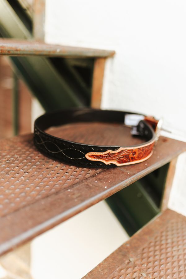 Tooled Leather Western Belt with Black Inlay & Buckstitch Detail