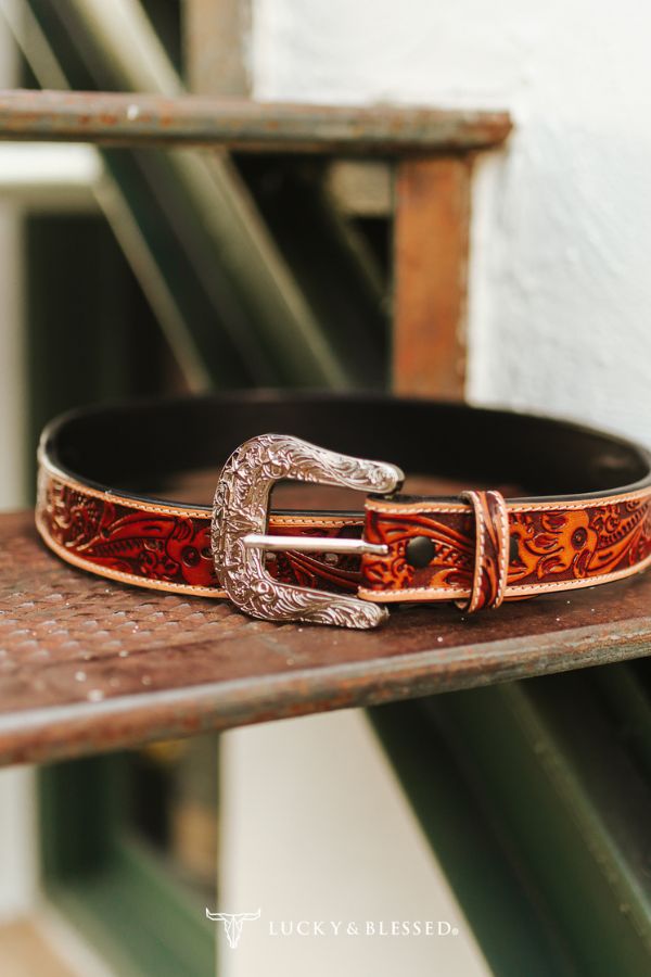 Tooled Leather Western Belt with Black Inlay & Buckstitch Detail