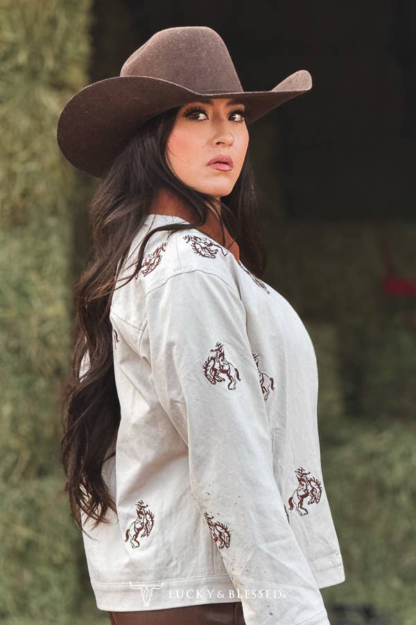 Beige Horse Printed Corduroy Brown Detail Zip Up Jacket