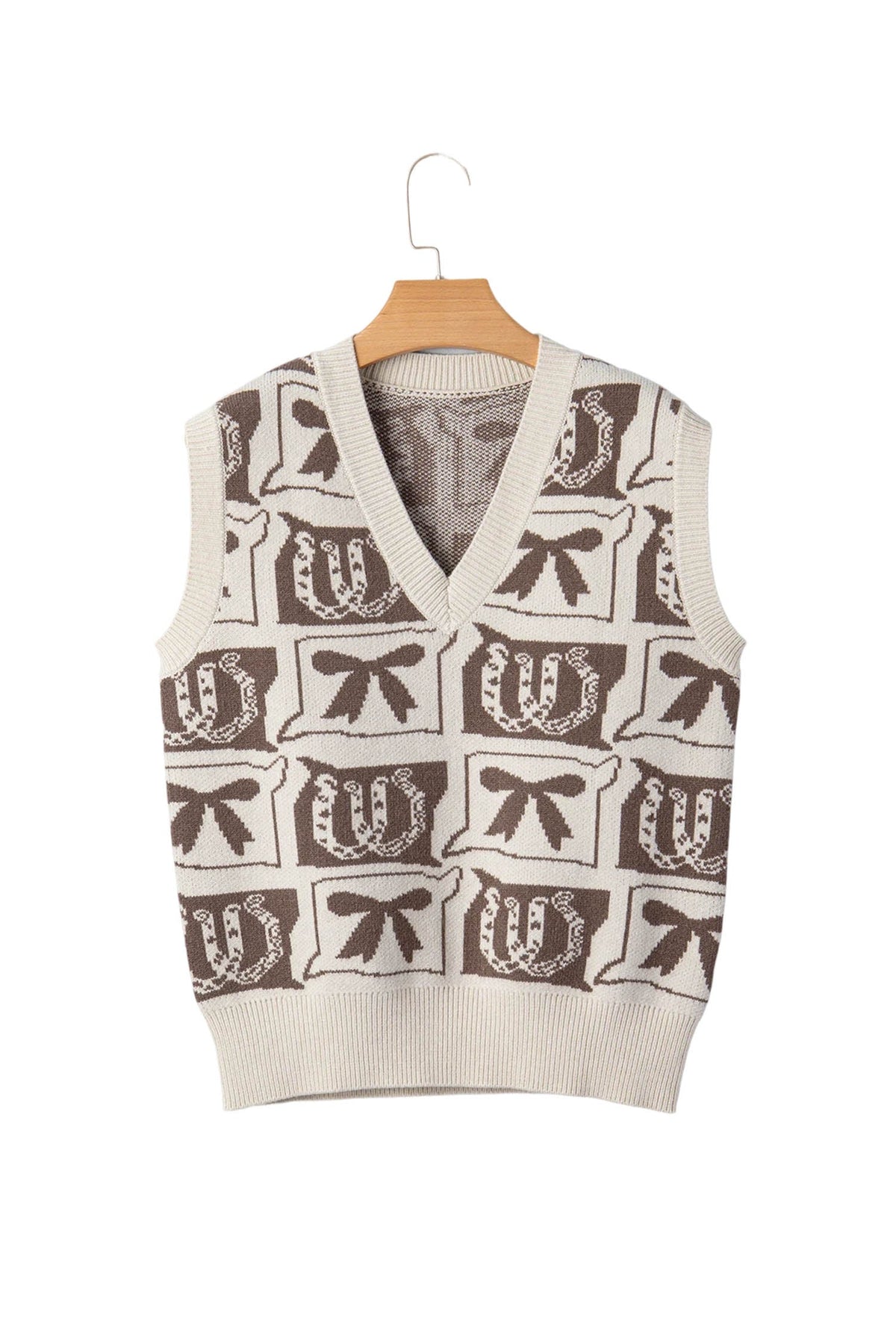 Brown Western Horseshoe Bow Printed V Neck Loose Sweater Vest