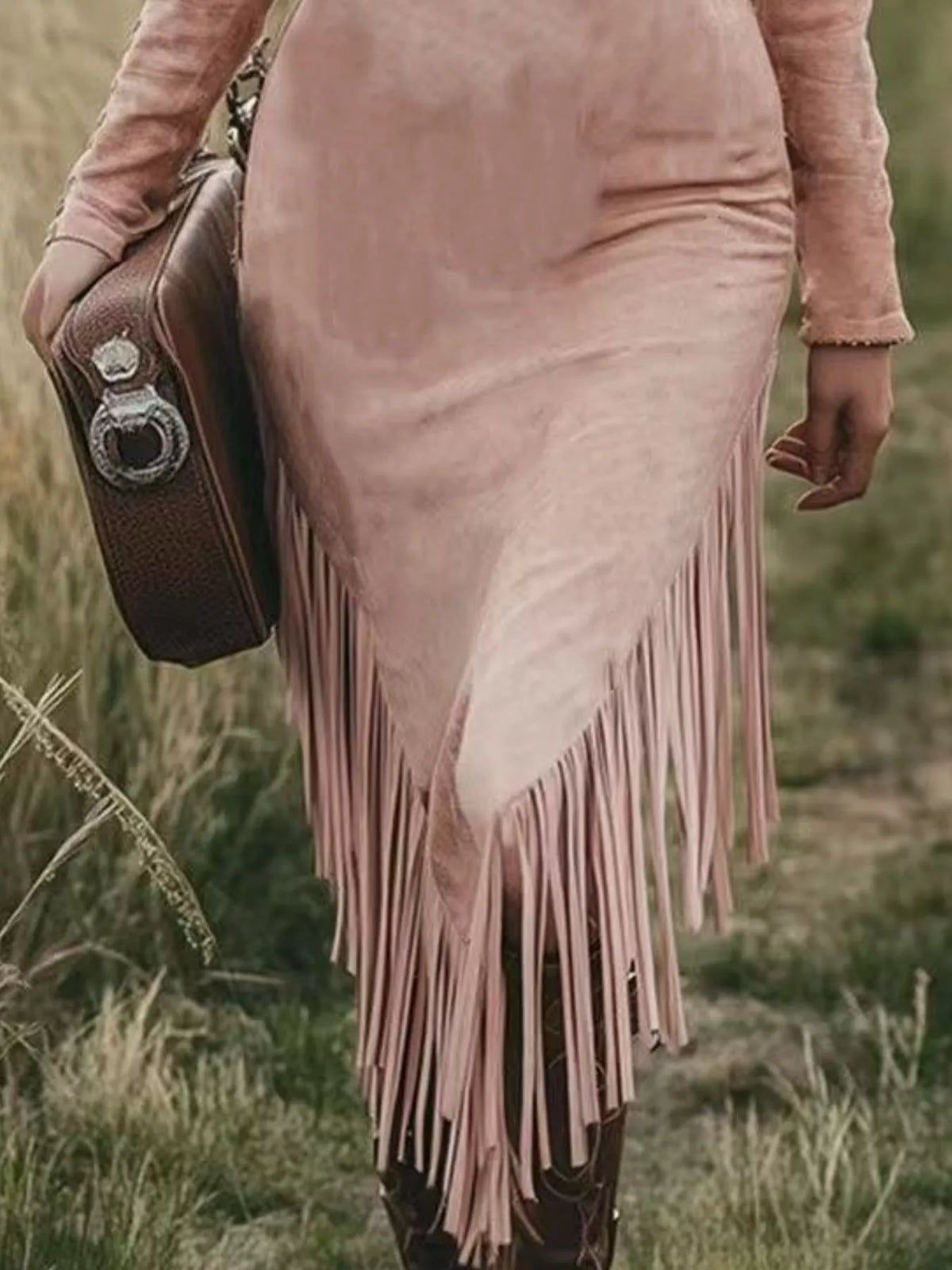 Fringe Zip Front Long Sleeve Dress