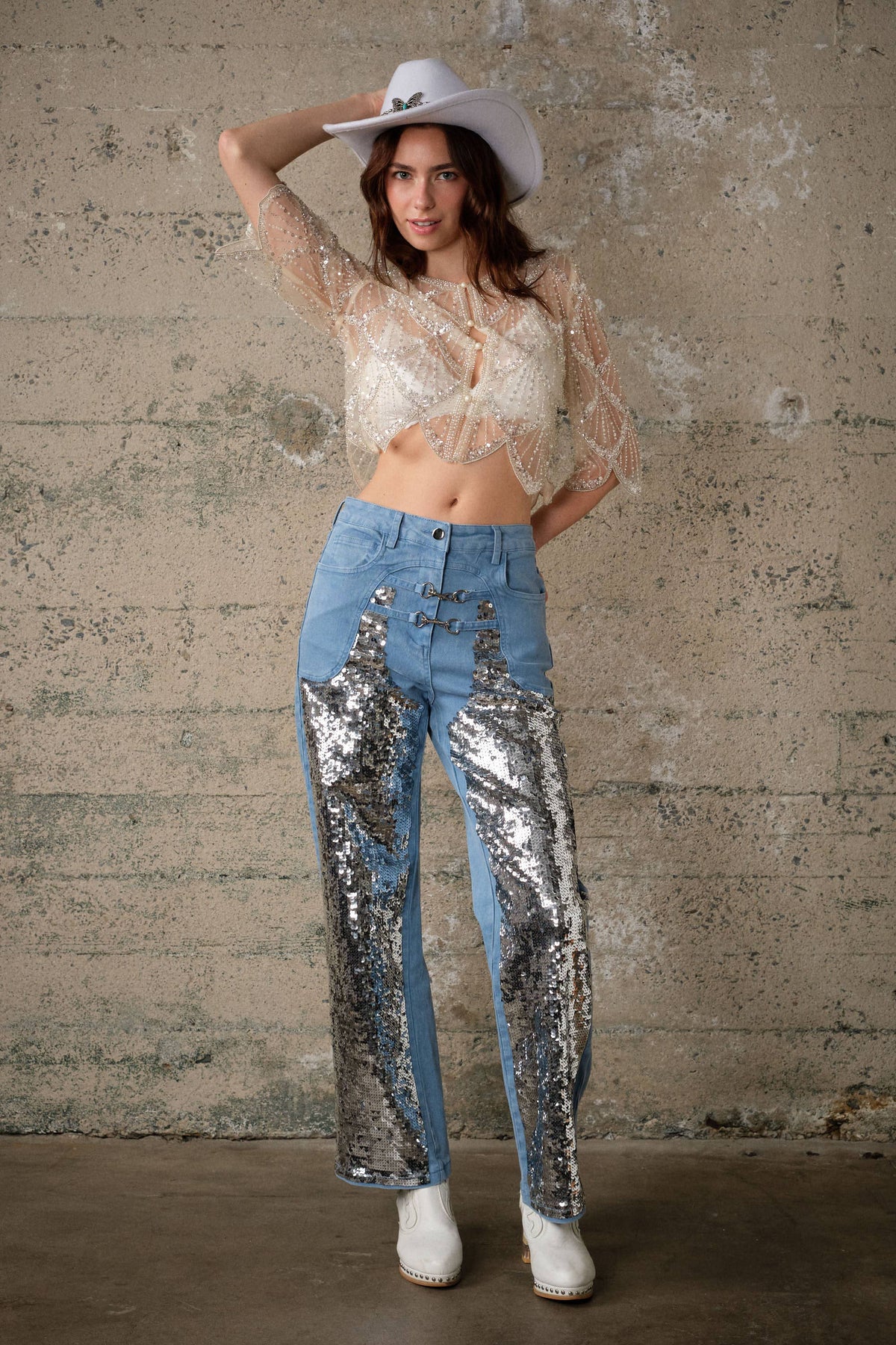 Cream Sequin Beaded Mesh Cape Top