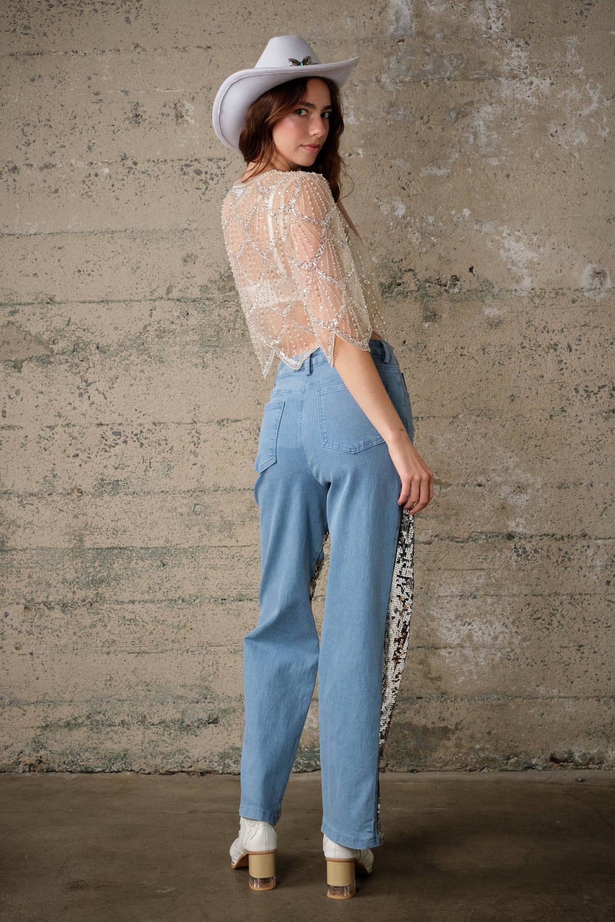 Cream Sequin Beaded Mesh Cape Top