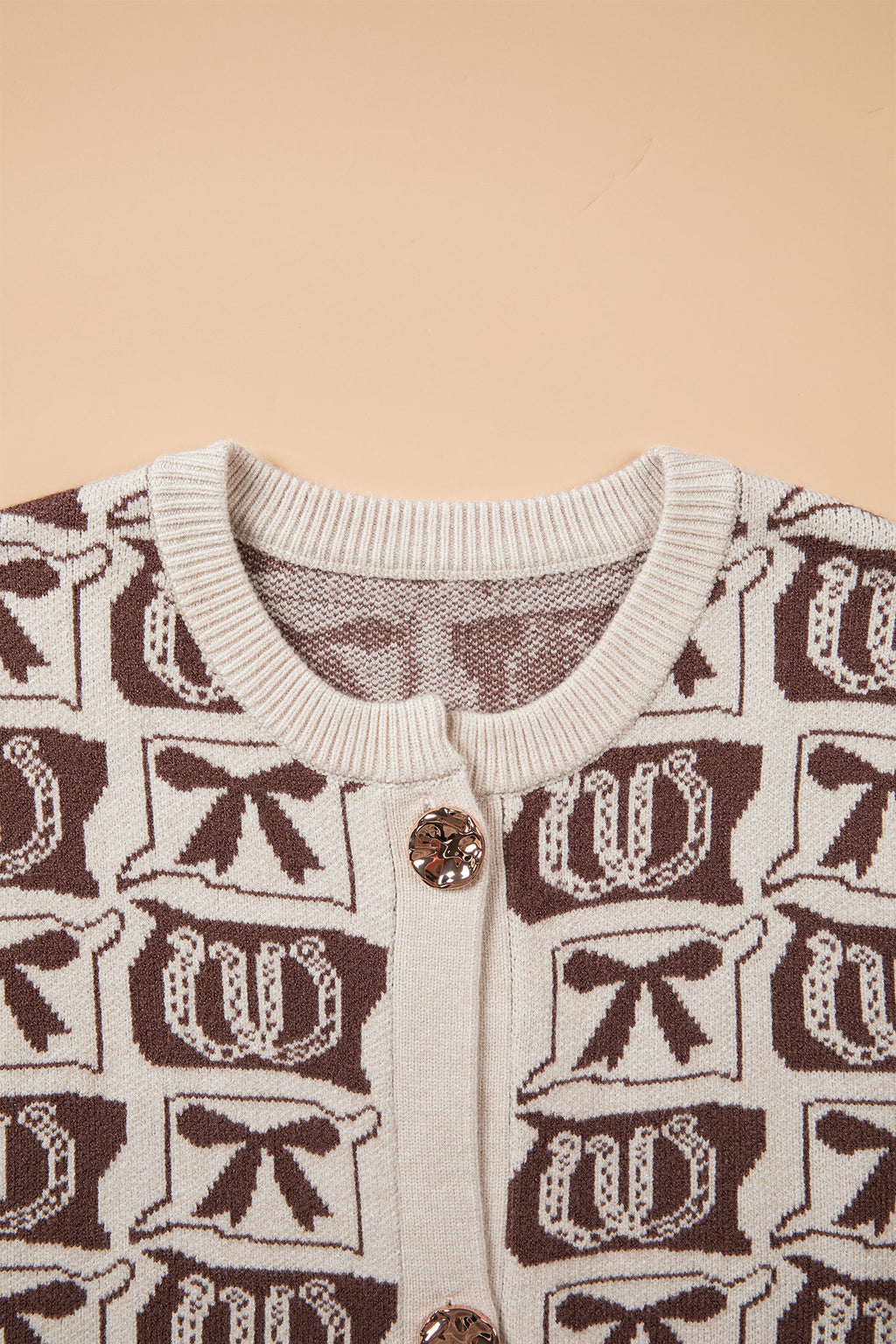 Brown Western Horseshoe Bow Pattern Button Front Sleeveless Knit Sweater