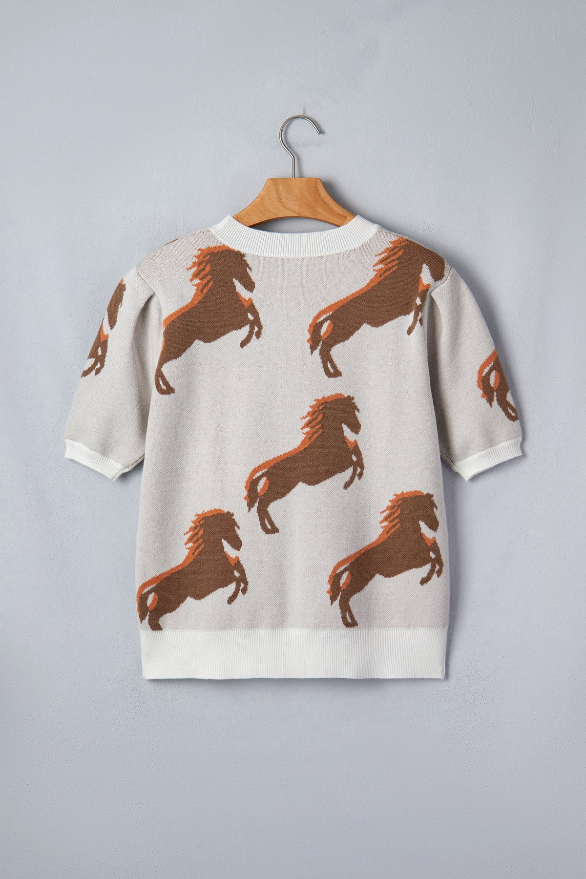 White Western Horse Printed Short Puff Sleeve Sweater