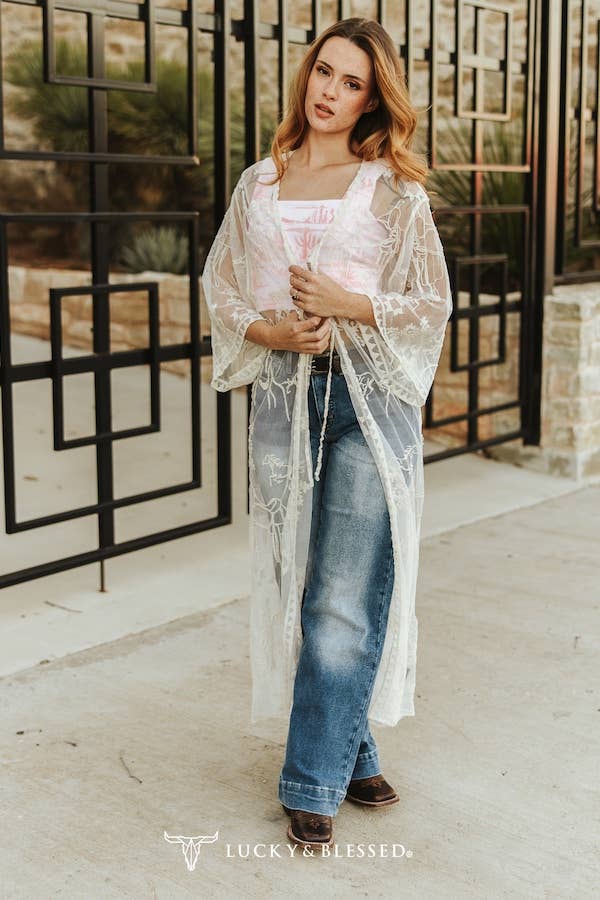Ivory Western Embroidered Mesh Lace Duster