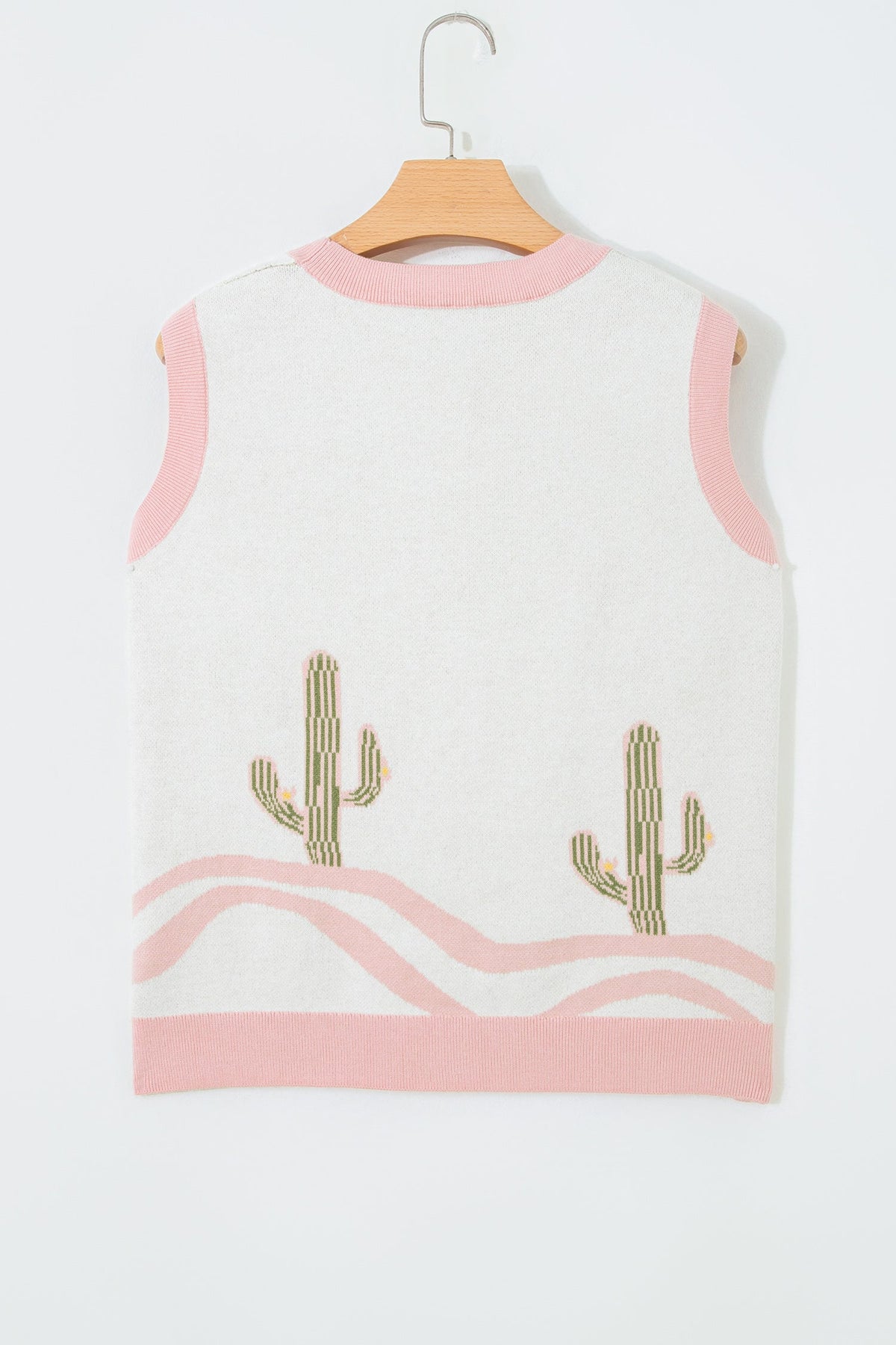Pink Color Block Trim Button Front Cactus Pattern Western Sweater Vest