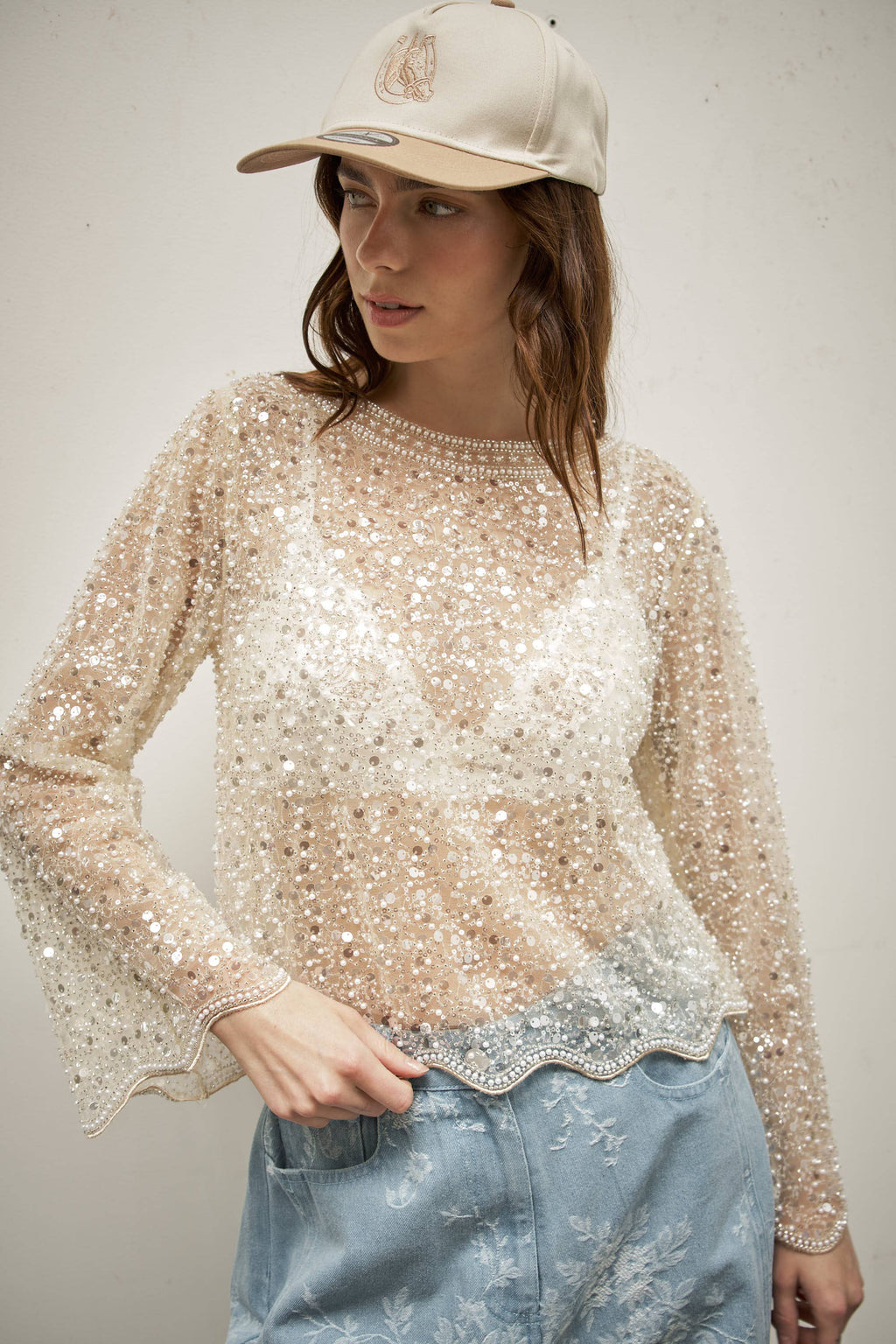 Sequin beads long sleeve top