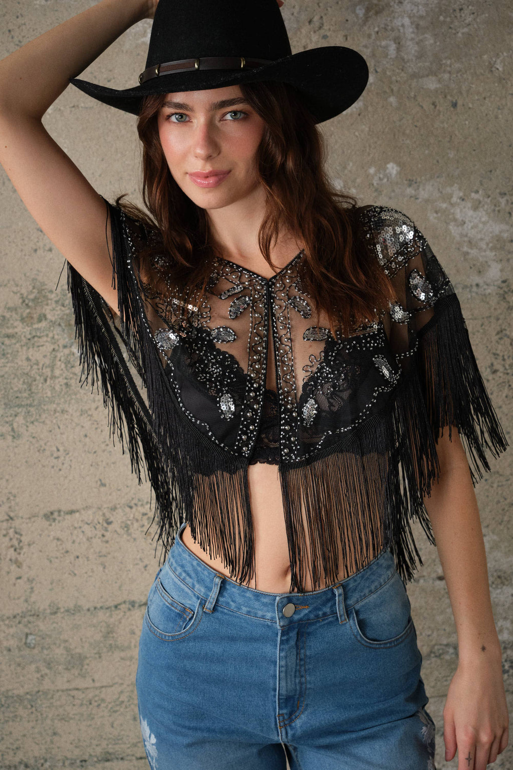 Black Sequin Beaded Fringe Mesh Cape