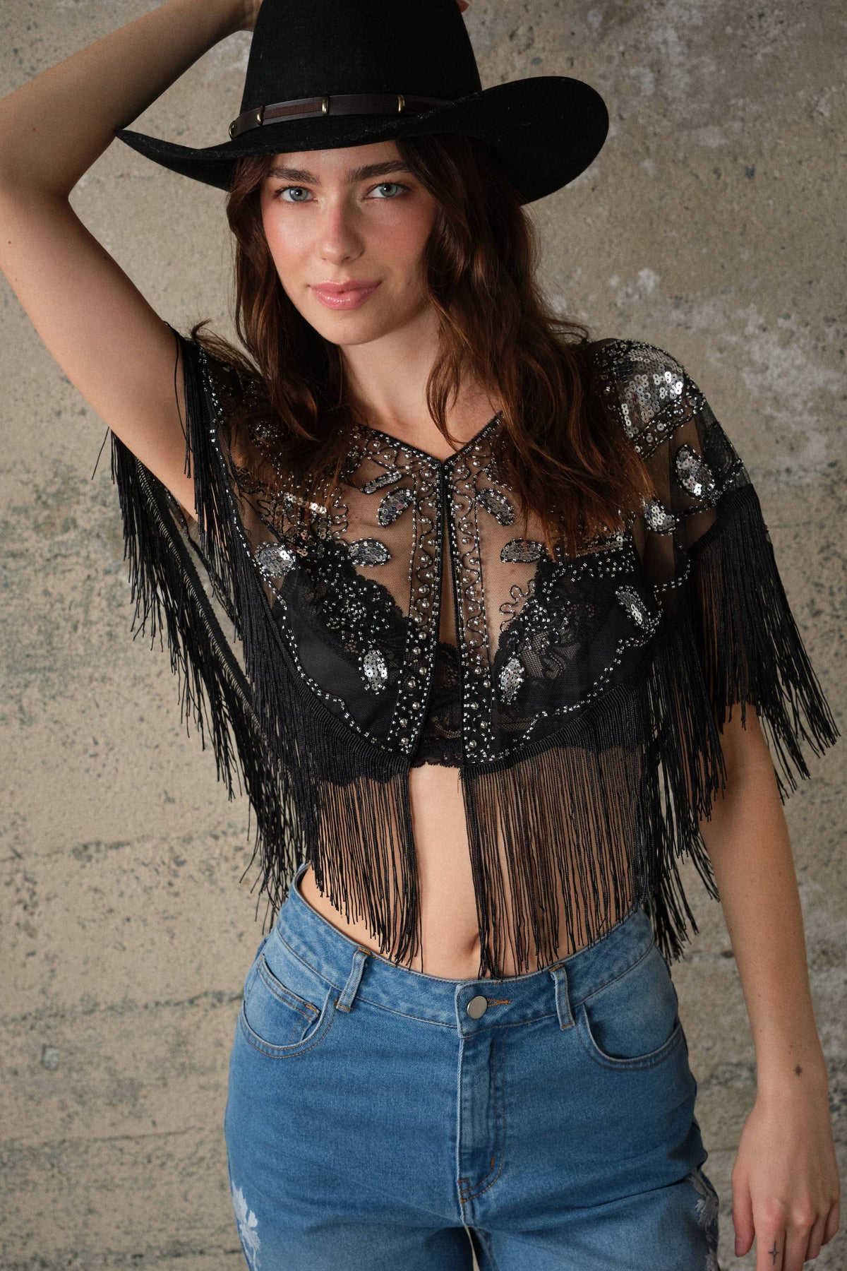 Black Sequin Beaded Fringe Mesh Cape