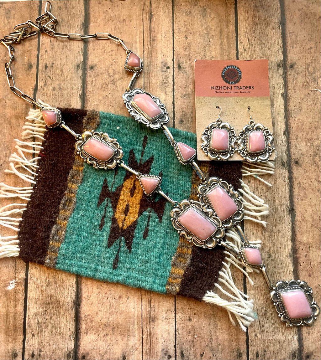 Handcrafted Pink Conch And Sterling Silver Necklace Earrings Set Signed Phyllis Smith