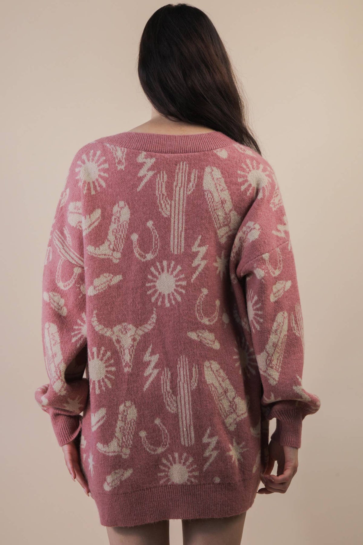 Western Graphic Knit Sweater Cardigan - Mauve